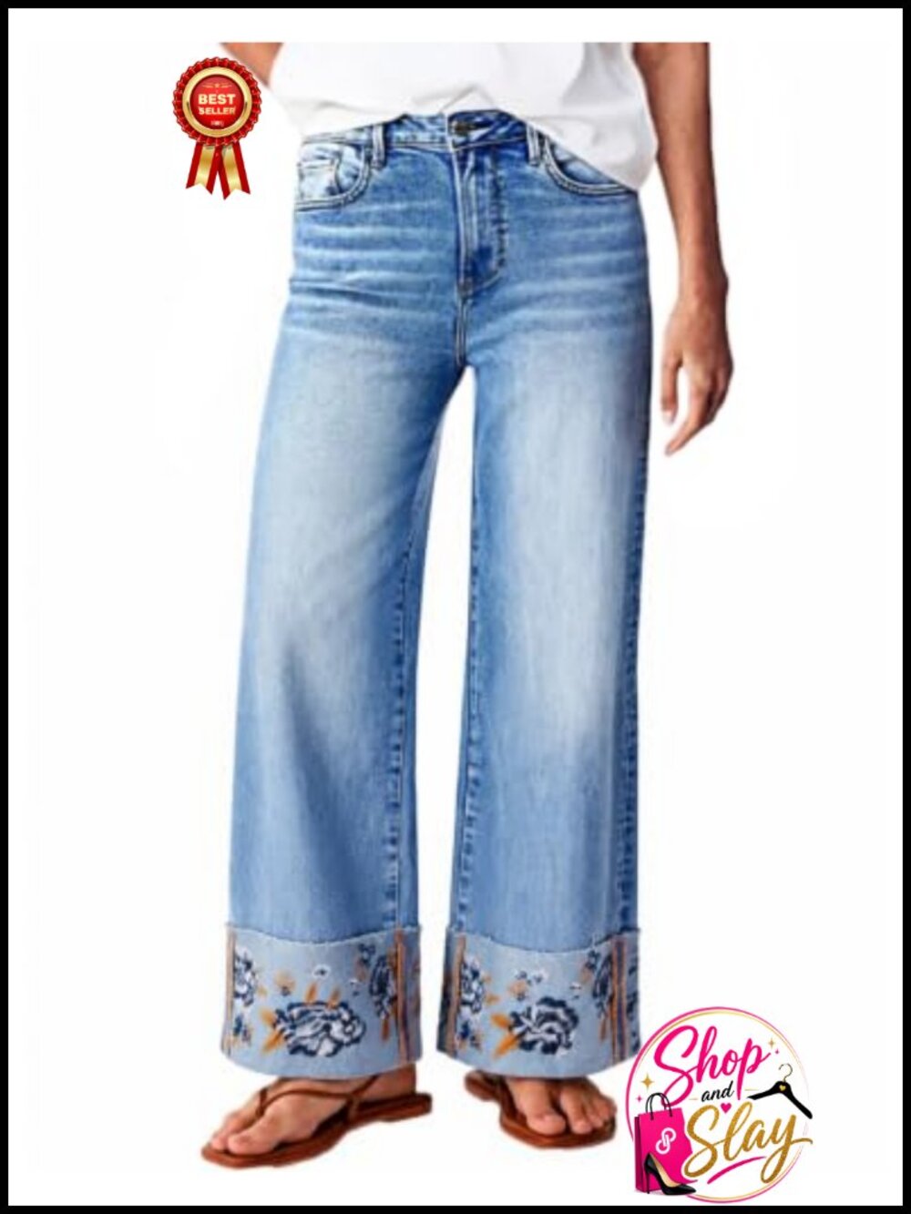 Embroidered Straight Leg Jeans for Women Cuffed Stretch Denim Mid Rise